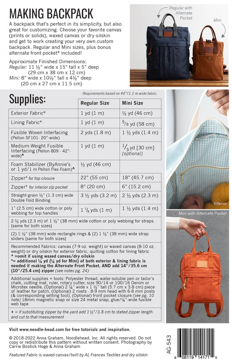 Making Backpack Sewing Pattern by Noodlehead - Sewfinity.com