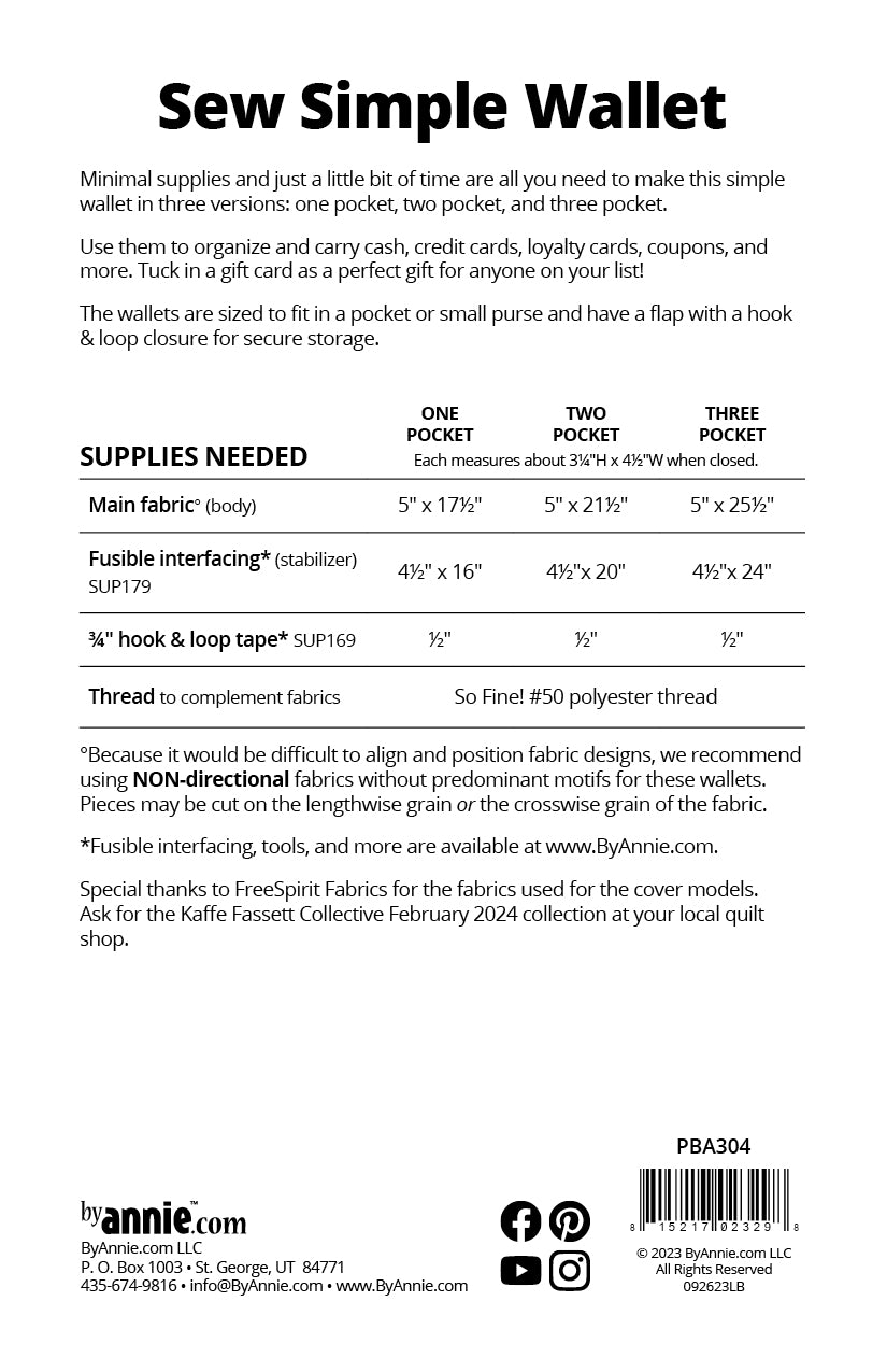 Sew Simple Wallet Sewing Pattern - byAnnie - Sewfinity.com