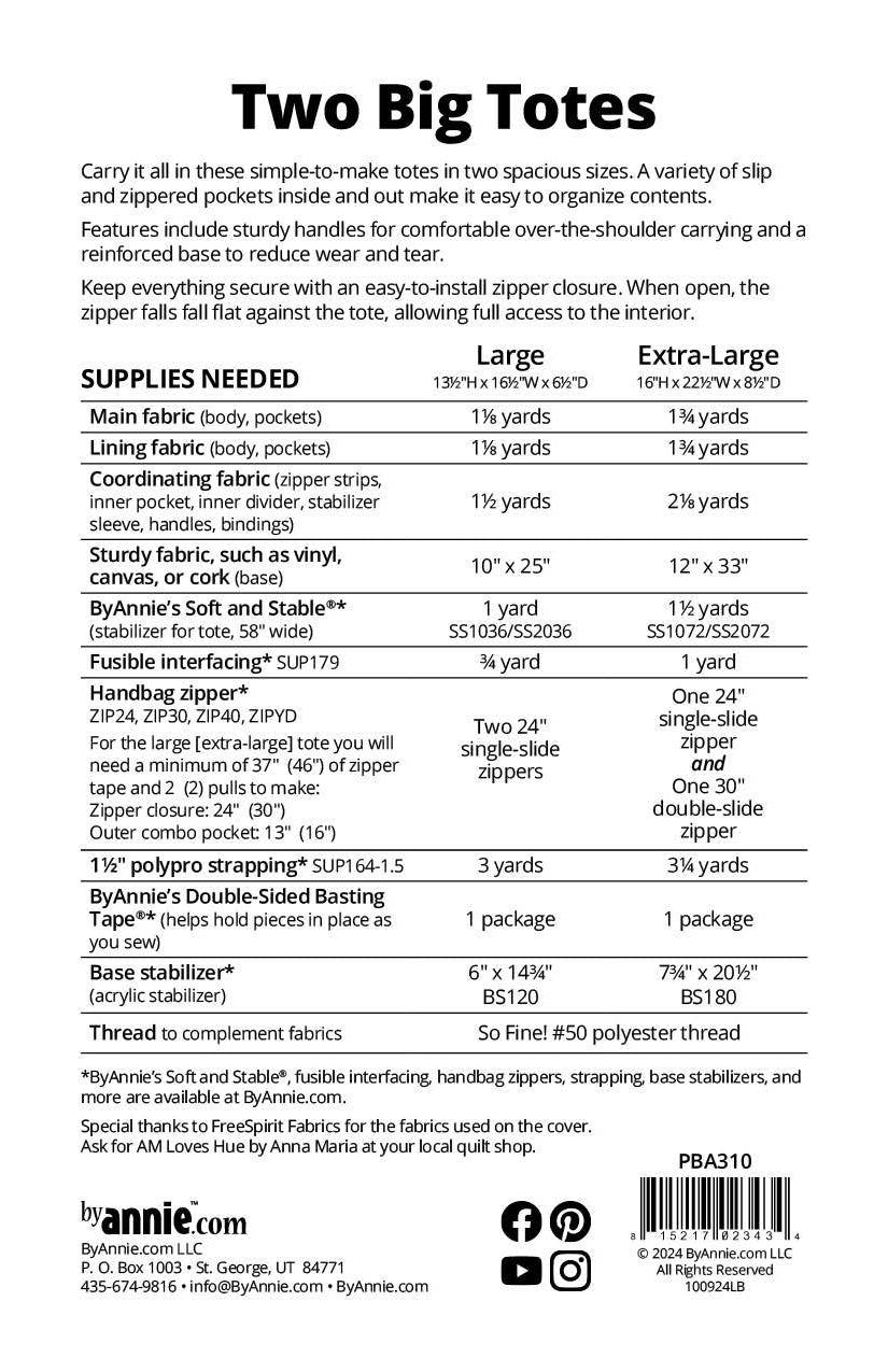 Two Big Totes Sewing Pattern ByAnnie - Sewfinity.com