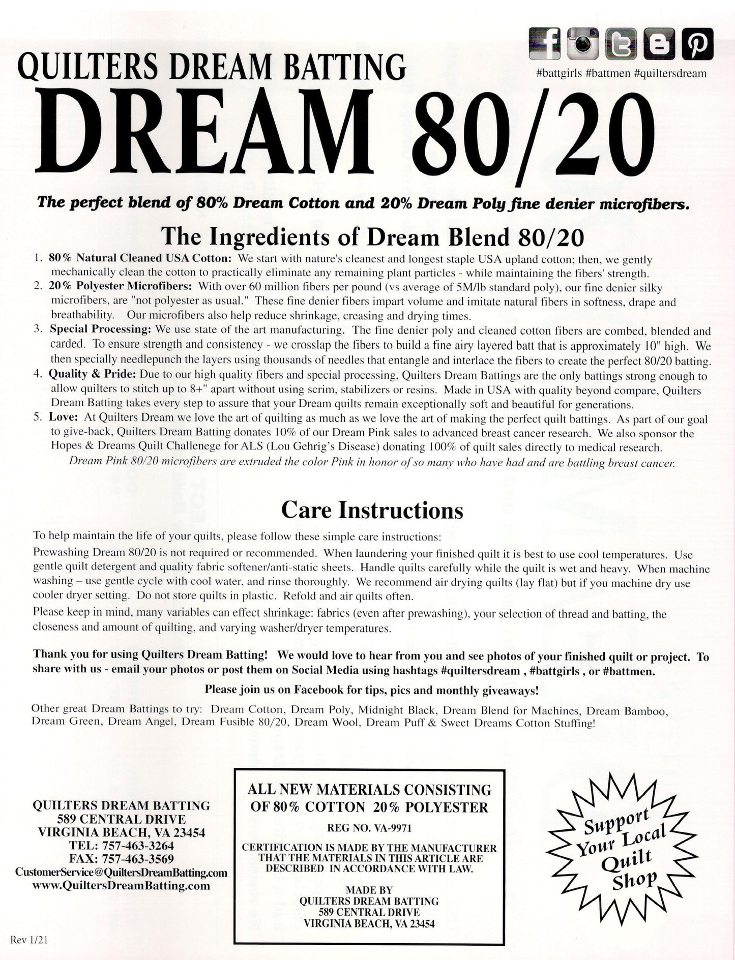 Quilters Dream Batting - 80/20 White - Twin