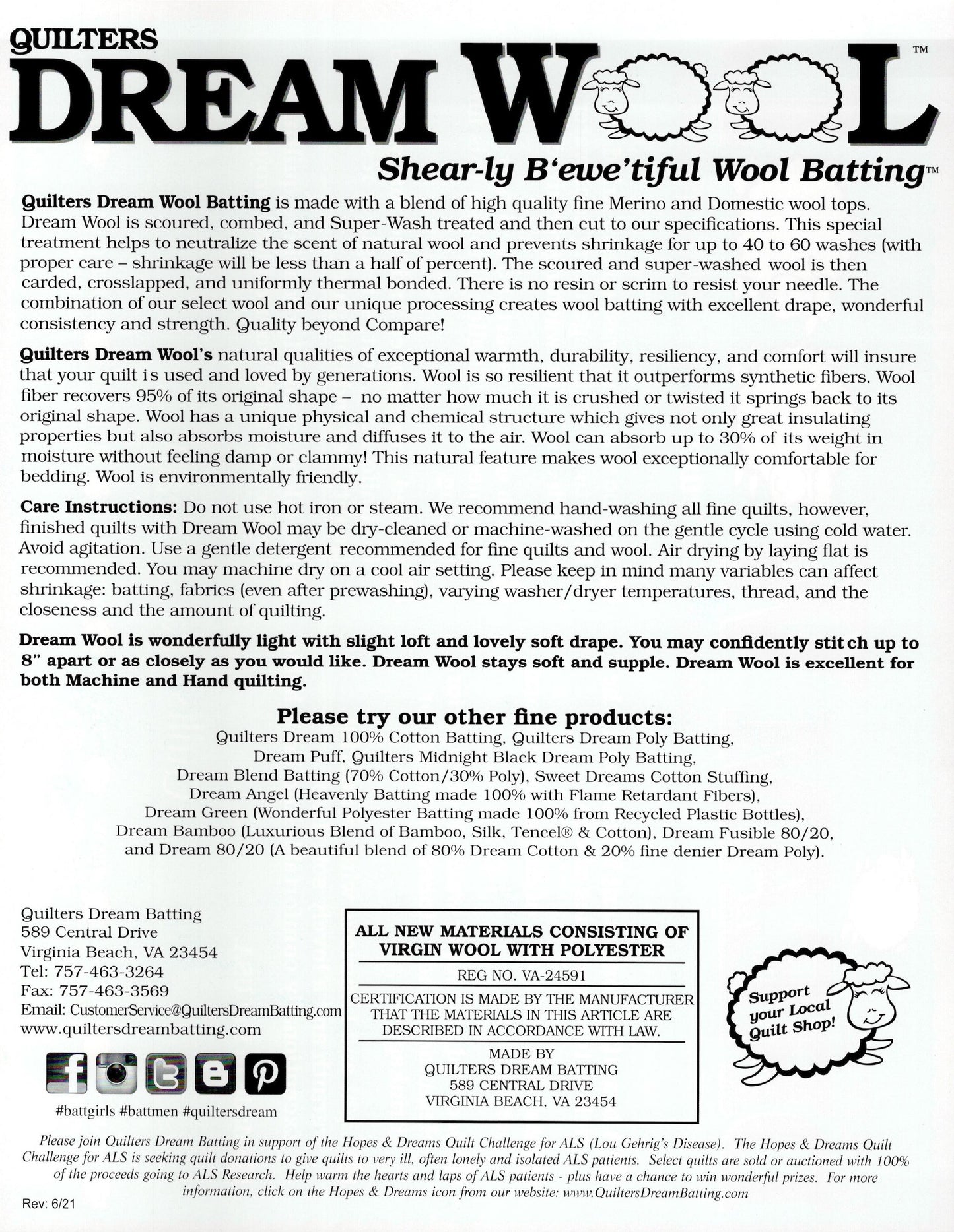 Quilters Dream Batting - Wool - Queen