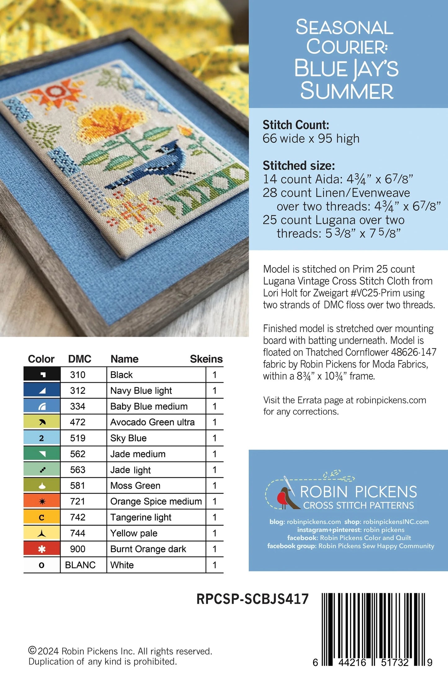 Seasonal Courier: Blue Jays Summer Cross Stitch Pattern by Robin Pickens - Sewfinity.com