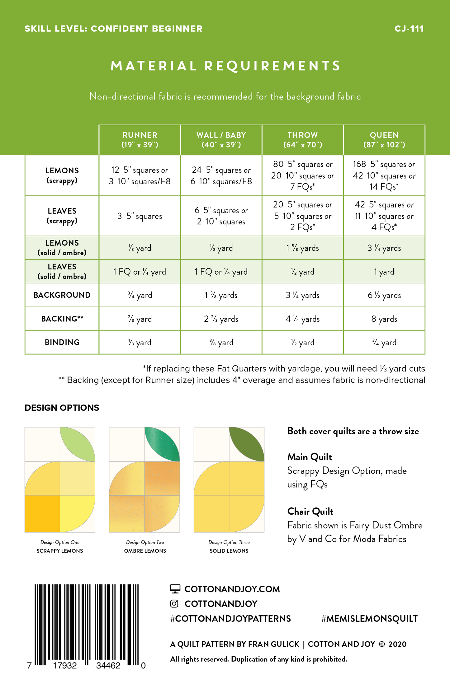 Memi's Lemons Quilt Pattern by Cotton + Joy