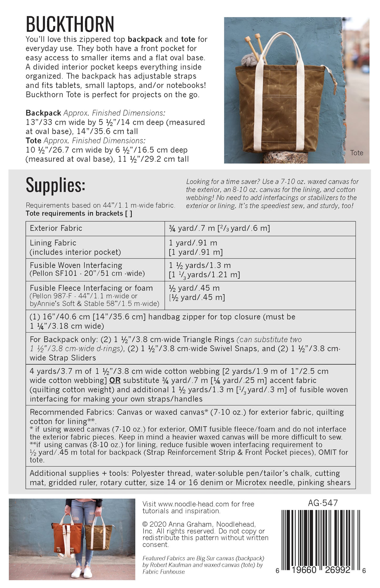 Buckthorn Backpack Tote Sewing Pattern - Sewfinity