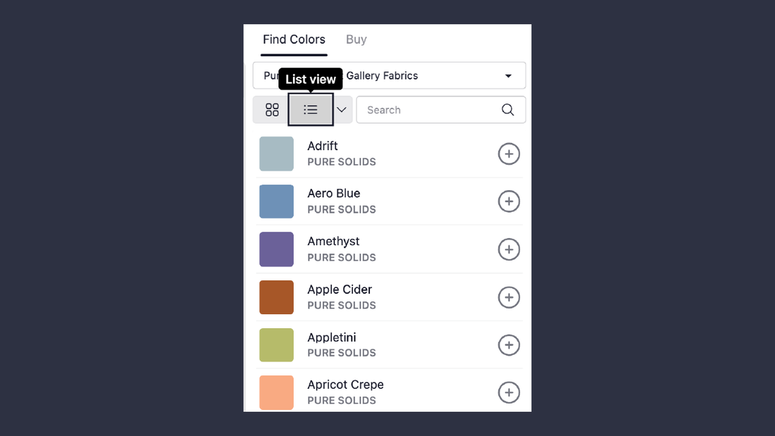 Find Colors: new list view, sorting options, and search
