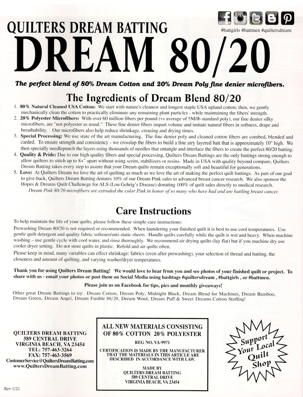 Quilters Dream Batting - 80/20 White - Queen