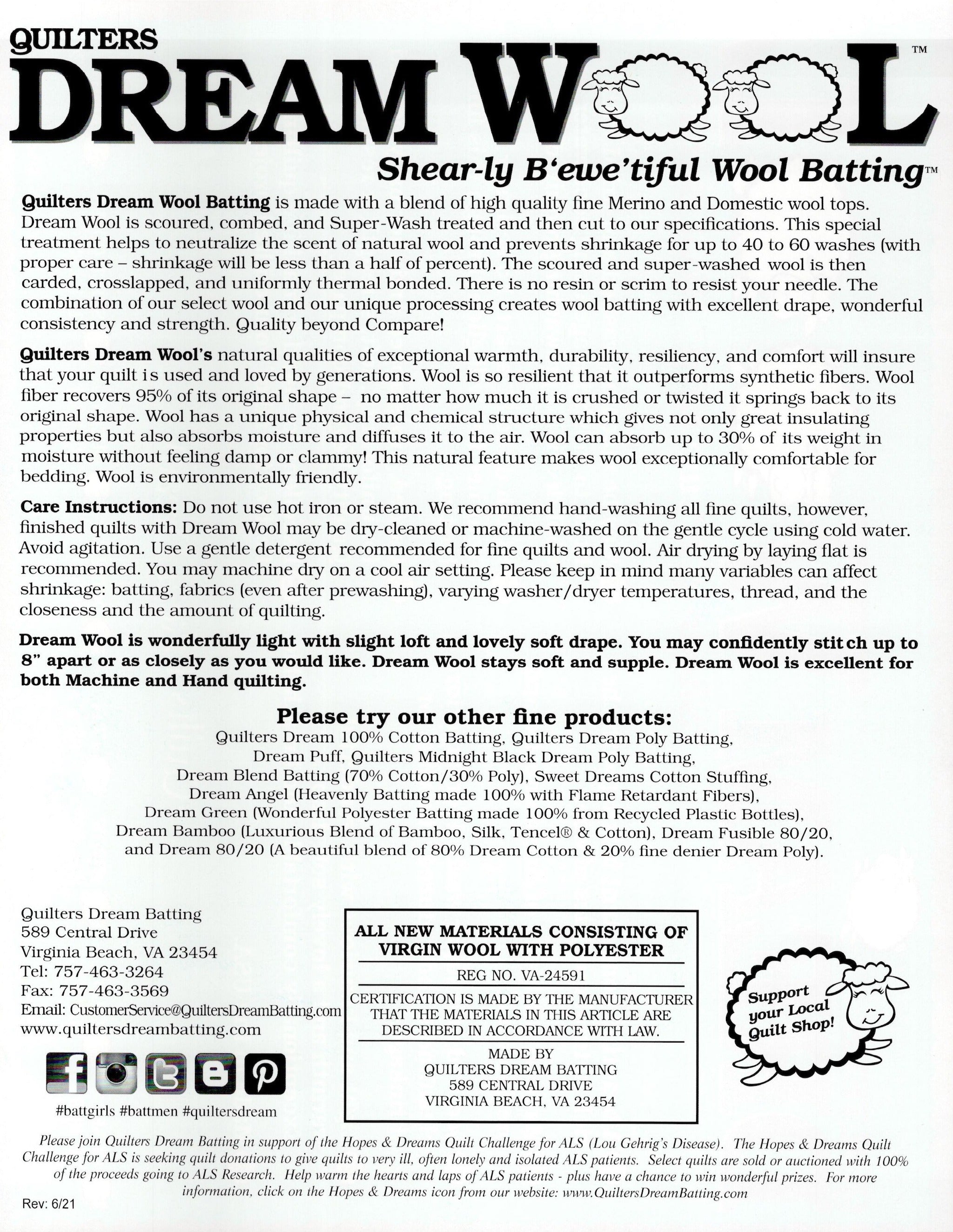 Quilters Dream Batting - Wool - Twin