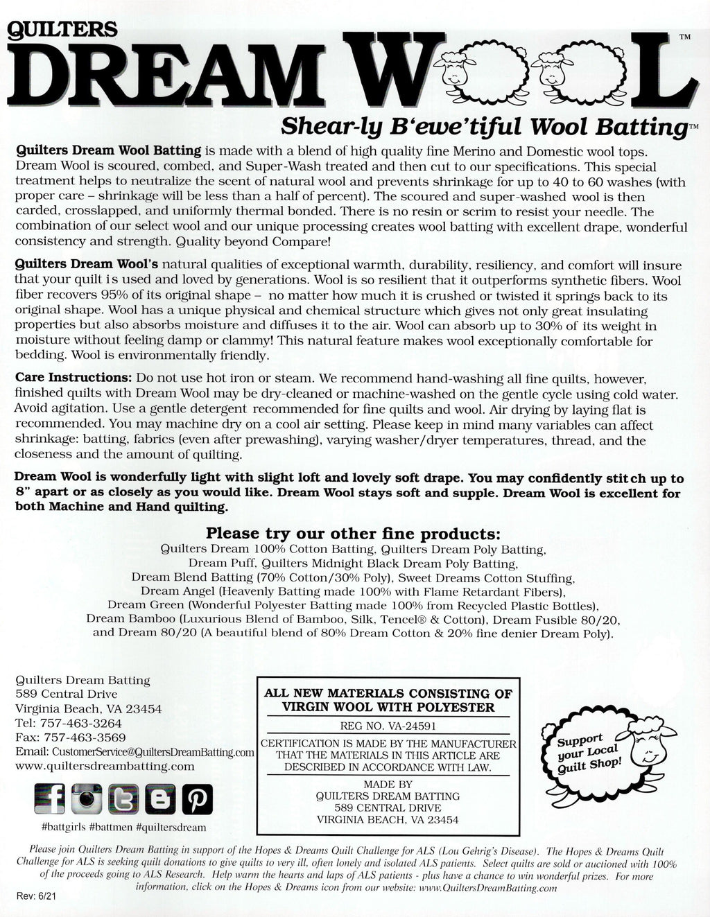 Quilters Dream Batting - Wool - King