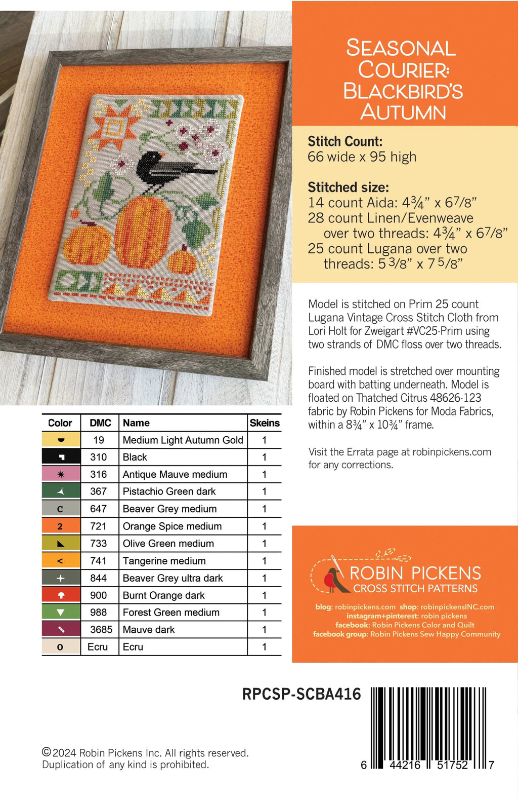 Seasonal Courier: Blackbirds Autumn Cross Stitch Pattern by Robin Pickens - Sewfinity.com