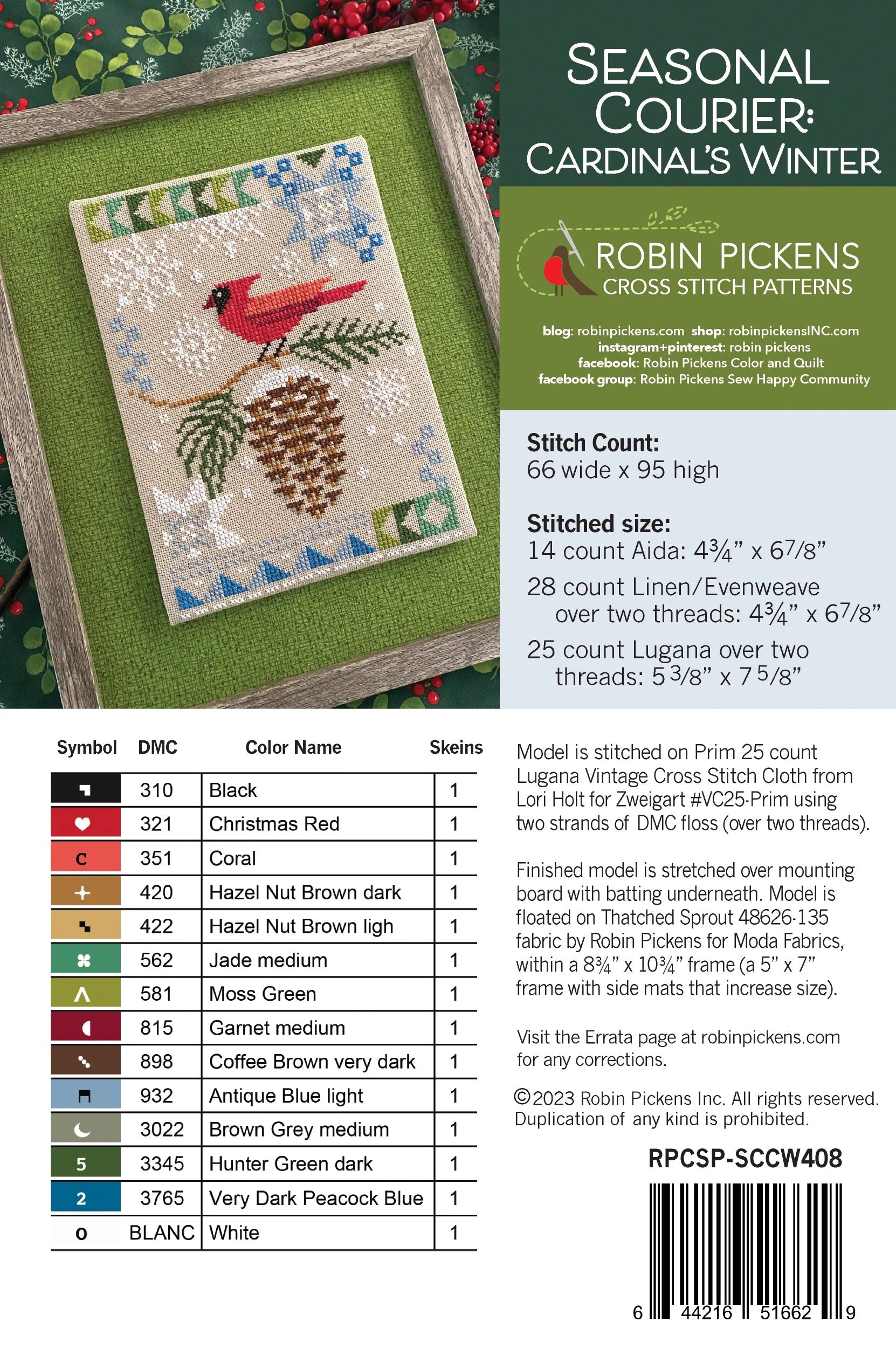 Seasonal Courier: Cardinals Winter Cross Stitch Pattern by Robin Pickens - Sewfinity.com