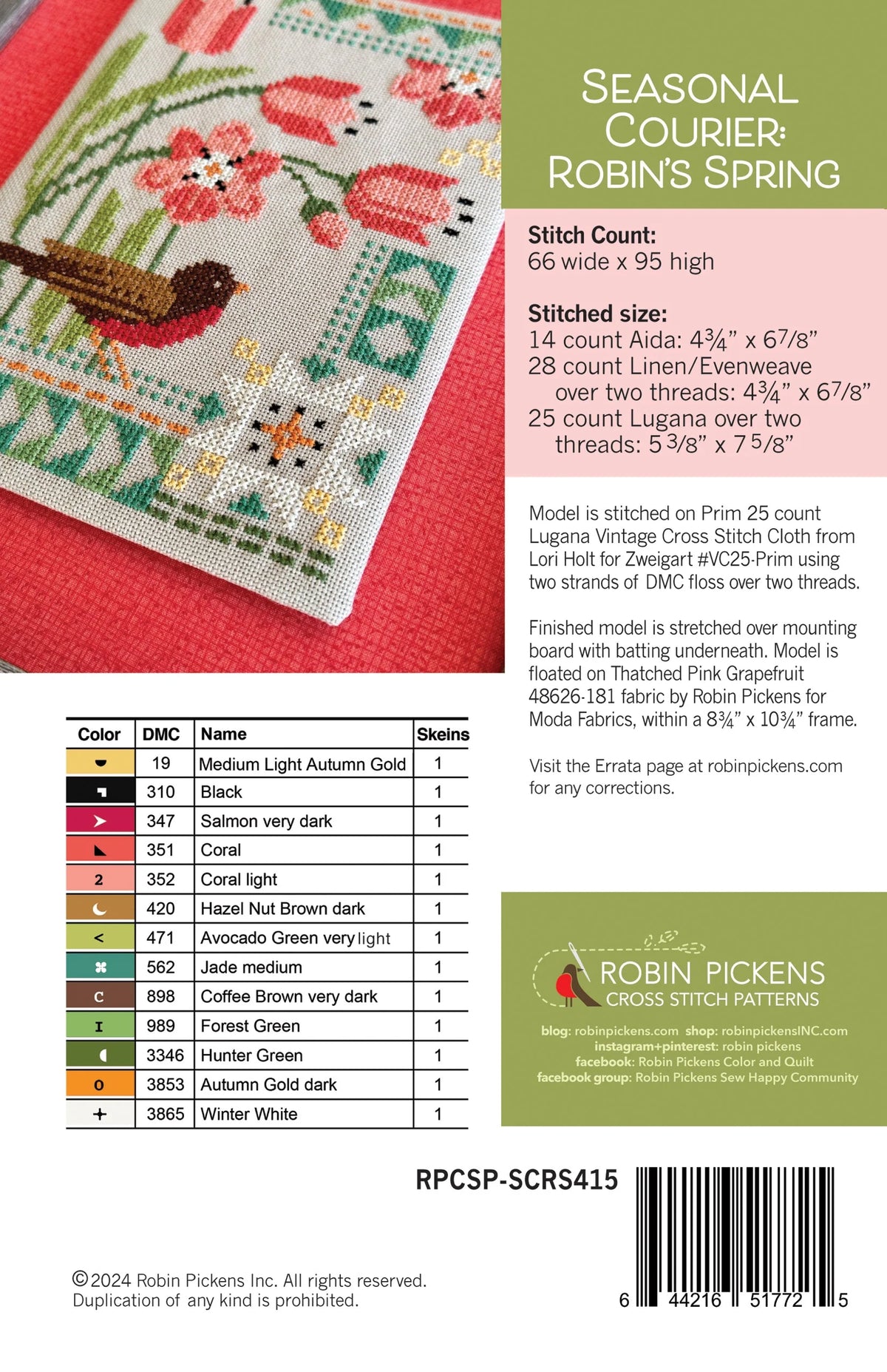 Seasonal Courier: Robins Spring Cross Stitch Pattern by Robin Pickens - Sewfinity.com