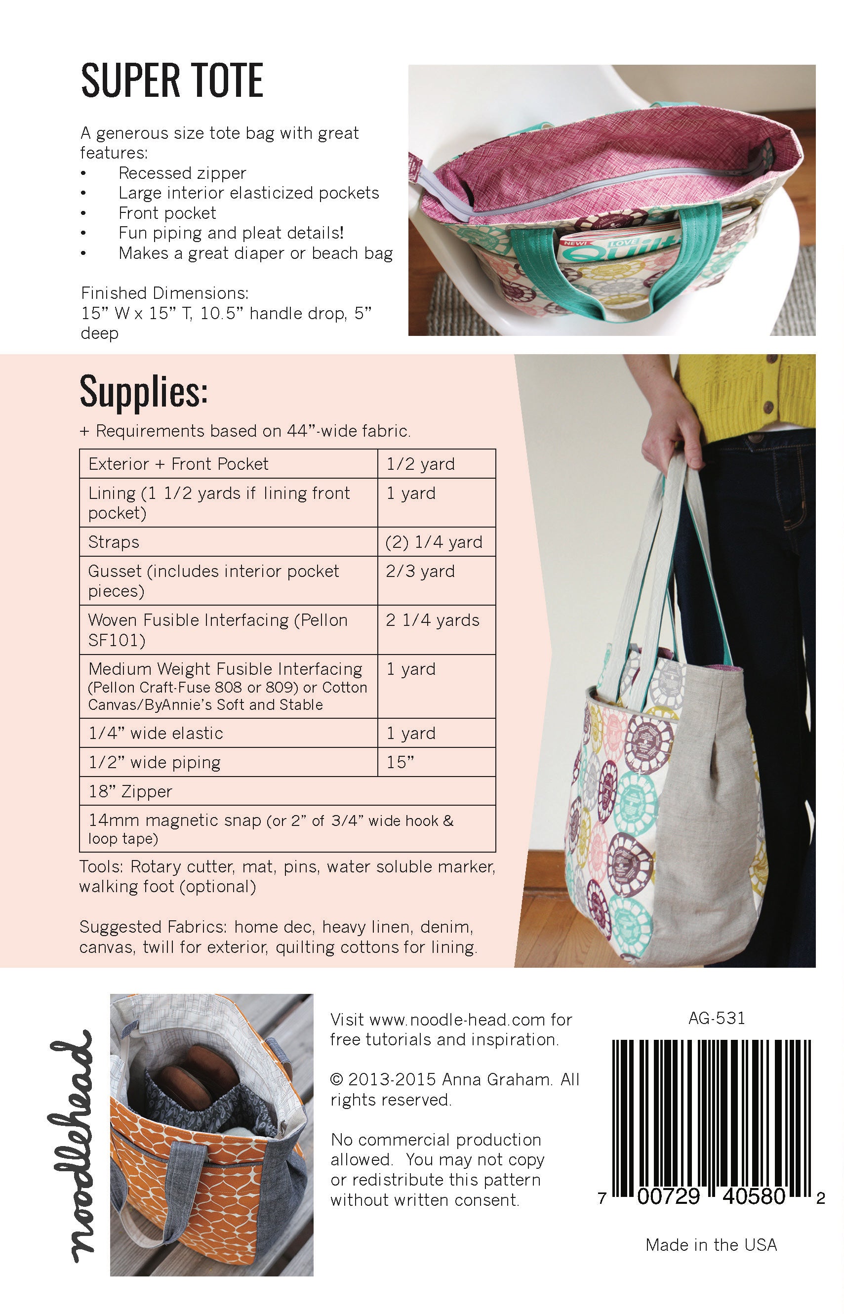 Super Tote Sewing Pattern by Noodlehead