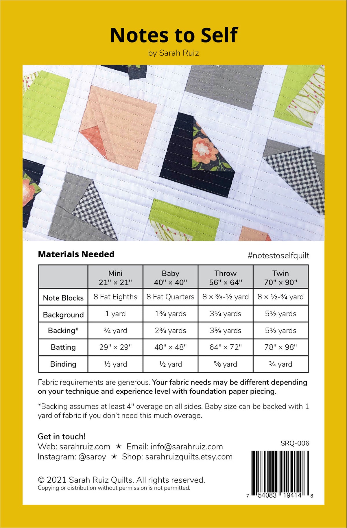 Notes to Self Quilt Pattern by Sarah Ruiz Quilts